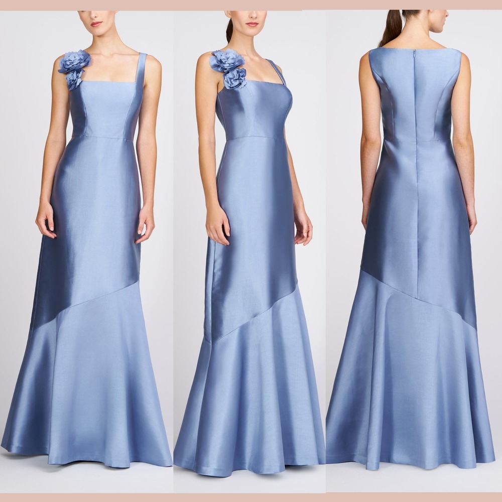 NWT $338‎ Kay Unger [ 6 ] Square Neck Floral Applique Satin Emelia Gown Q1281